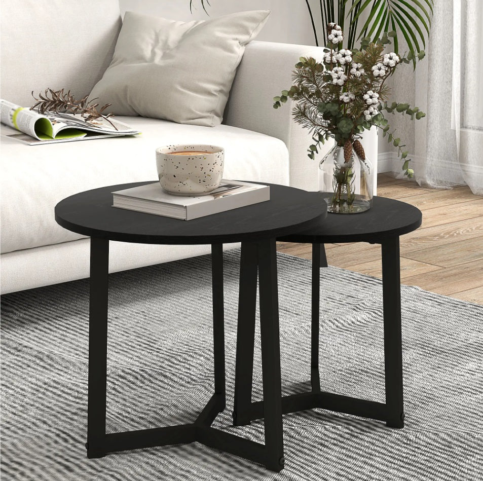 2er Couchtisch-Set Rund Schwarz – Modernes Satztische-Ensemble (Ø48/Ø40 cm)