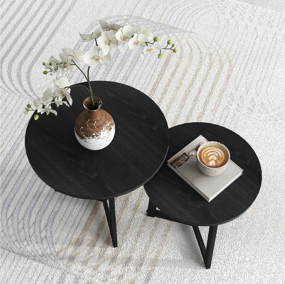 2er Couchtisch-Set Rund Schwarz – Modernes Satztische-Ensemble (Ø48/Ø40 cm)