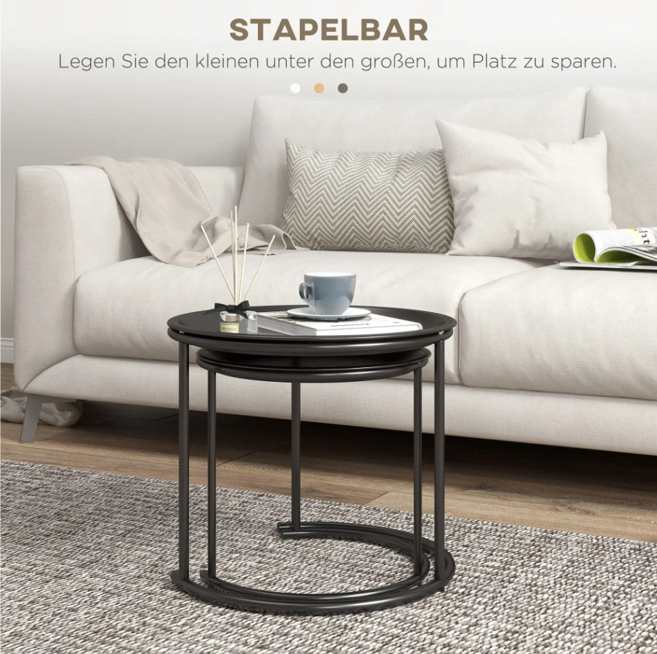 2er Satztisch-Set Schwarz Metall – Abnehmbare Platten als Tablett (Ø43/Ø35 cm)