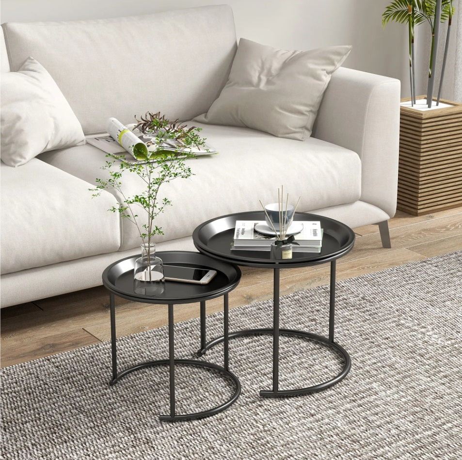2er Satztisch-Set Schwarz Metall – Abnehmbare Platten als Tablett (Ø43/Ø35 cm)