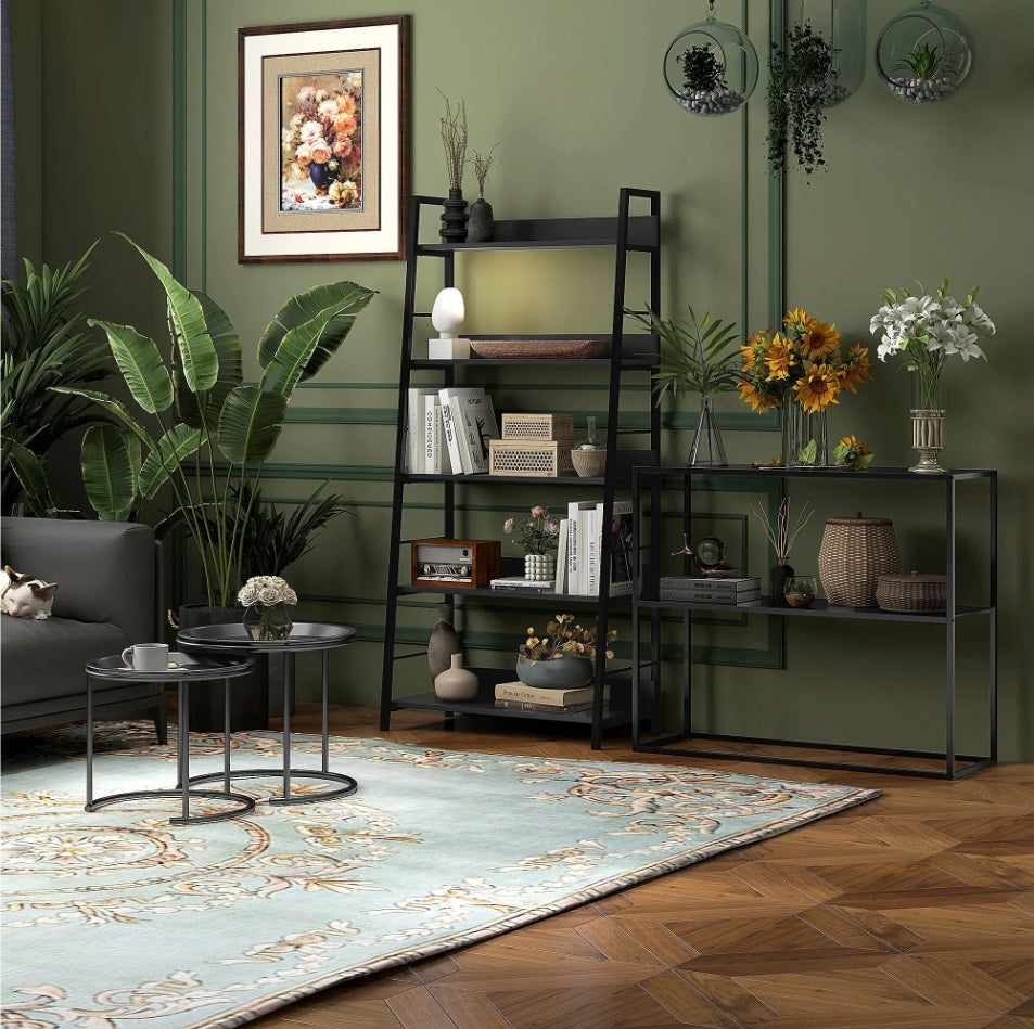 2er Satztisch-Set Schwarz Metall – Abnehmbare Platten als Tablett (Ø43/Ø35 cm)