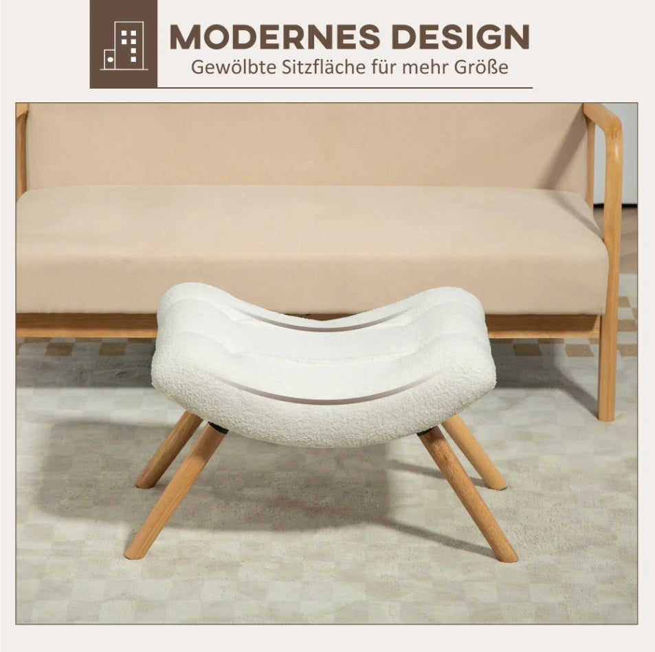 Moderner Fußhocker Cremeweiß – Gepolsterter Schemel mit Fleece-Bezug und Holzbeinen