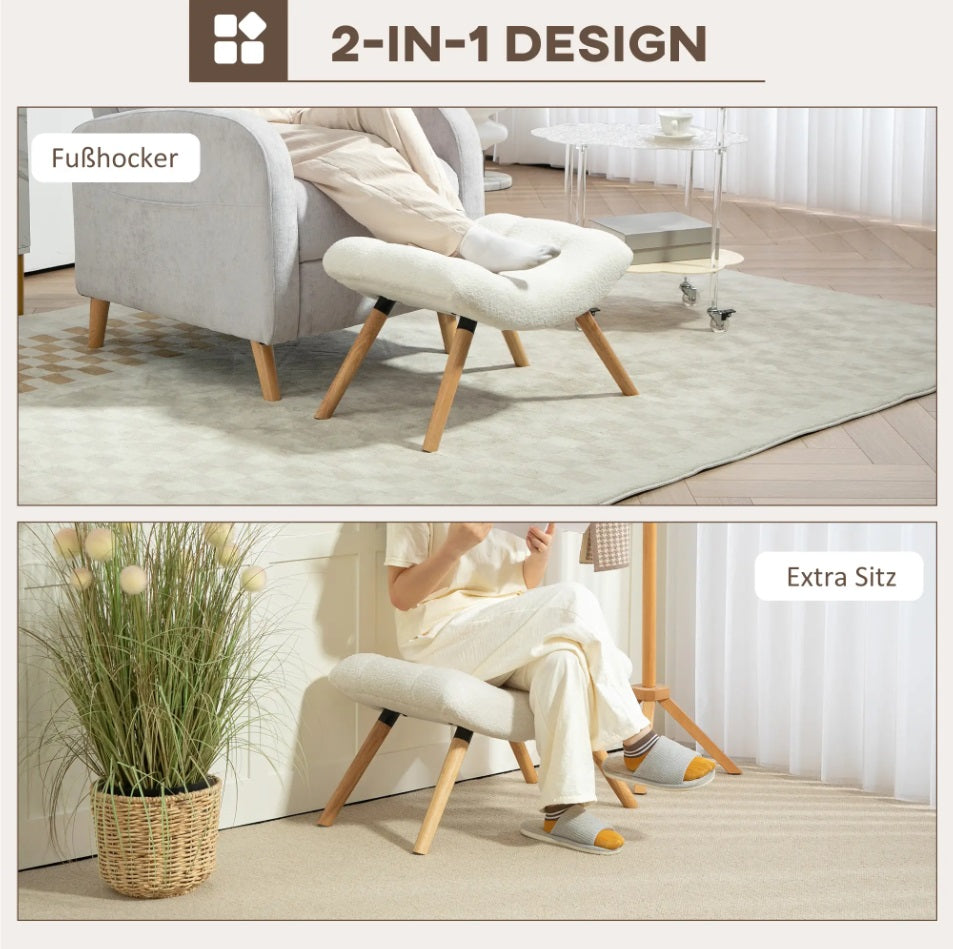 Moderner Fußhocker Cremeweiß – Gepolsterter Schemel mit Fleece-Bezug und Holzbeinen