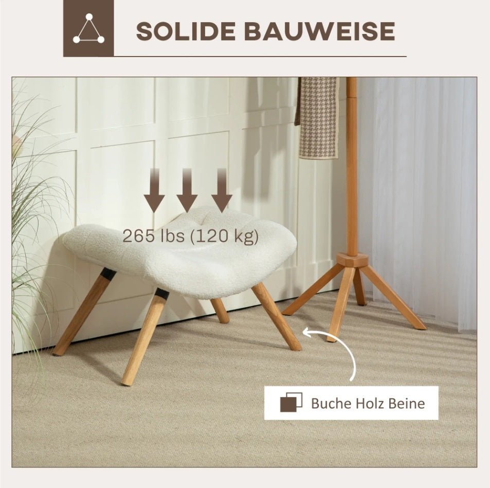 Moderner Fußhocker Cremeweiß – Gepolsterter Schemel mit Fleece-Bezug und Holzbeinen