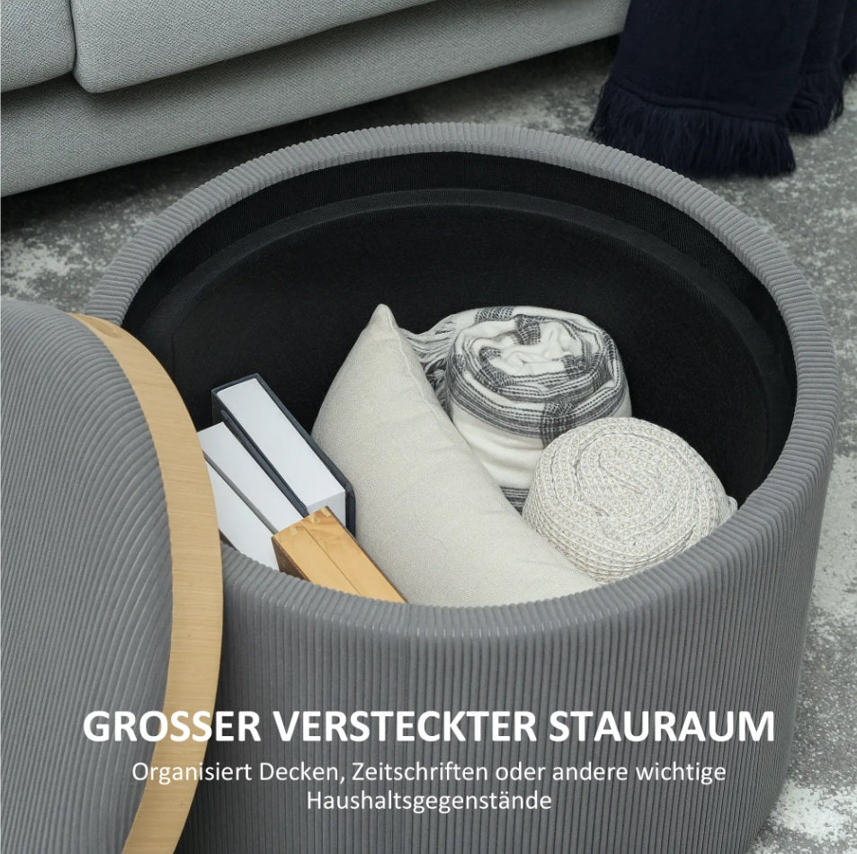 Aufbewahrungshocker Grau Cordstoff – Runde Ottomane mit Stauraum und Tablett-Deckel