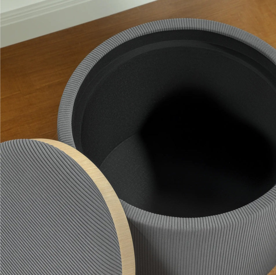 Aufbewahrungshocker Grau Cordstoff – Runde Ottomane mit Stauraum und Tablett-Deckel