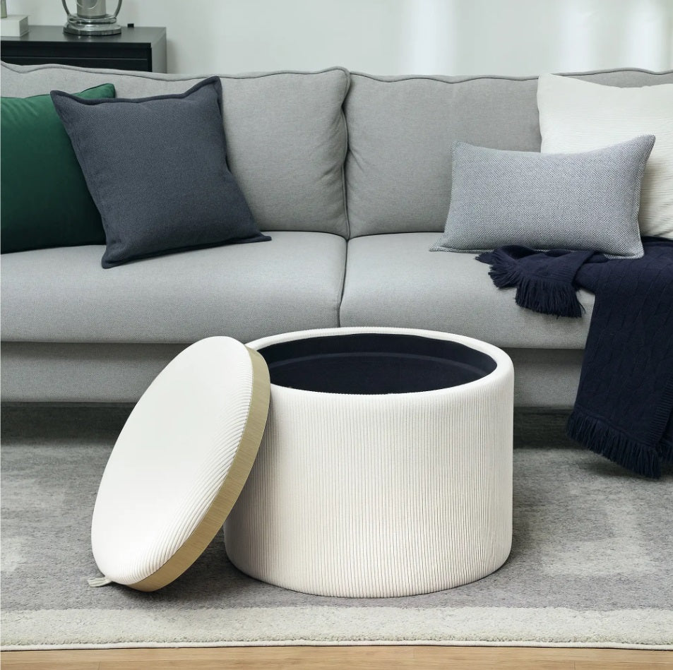 Aufbewahrungshocker Cremeweiß Cordstoff – Runde Ottomane mit Stauraum und Tablett-Deckel