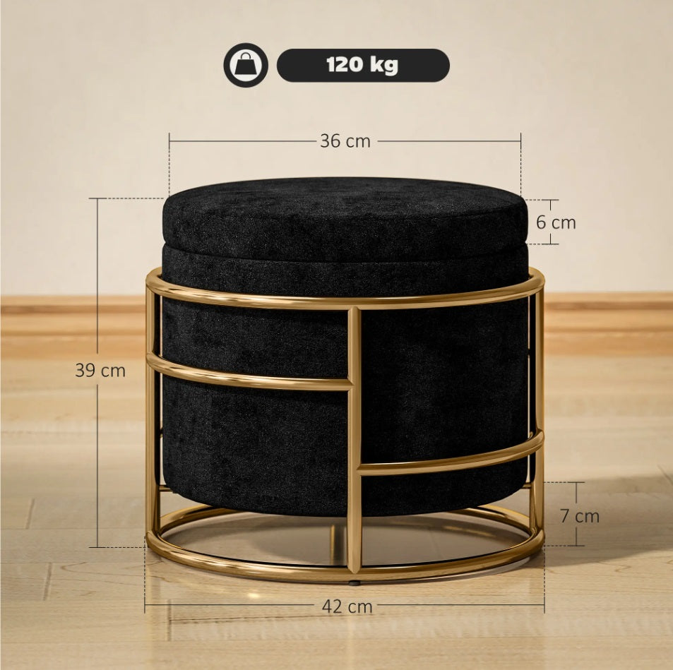 Sitzhocker Schwarz Samtoptik – Runder Aufbewahrungshocker mit Goldfarbenem Metallrahmen