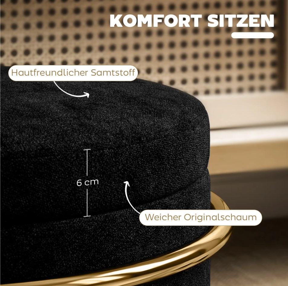 Sitzhocker Schwarz Samtoptik – Runder Aufbewahrungshocker mit Goldfarbenem Metallrahmen