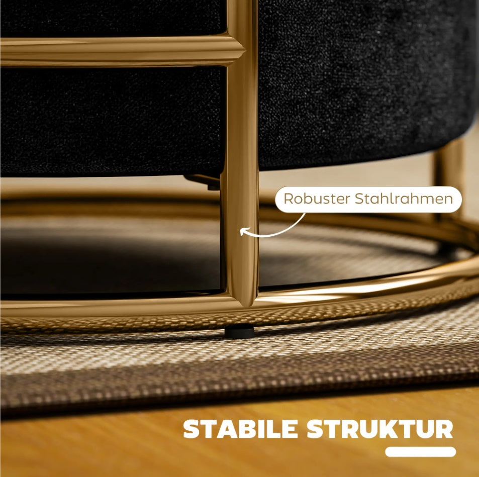 Sitzhocker Schwarz Samtoptik – Runder Aufbewahrungshocker mit Goldfarbenem Metallrahmen