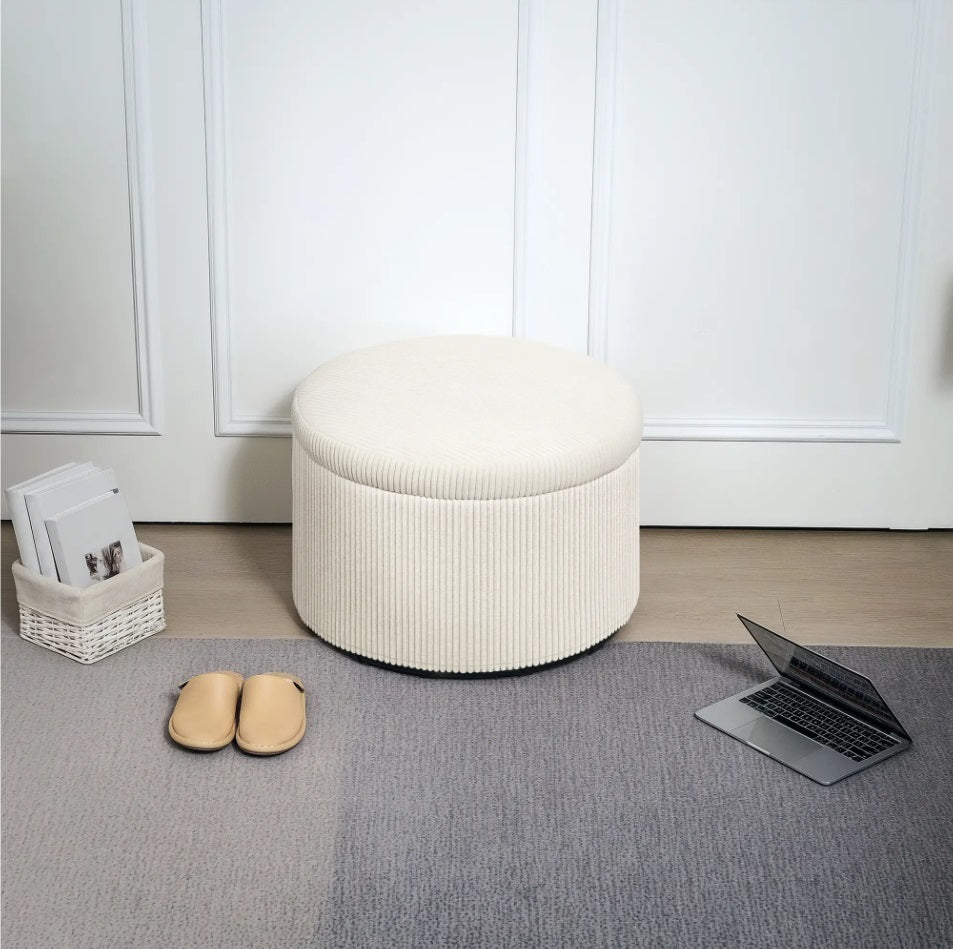 Großer Fußhocker Beige Cordstoff – Runder Sitzhocker mit 97 L Stauraum