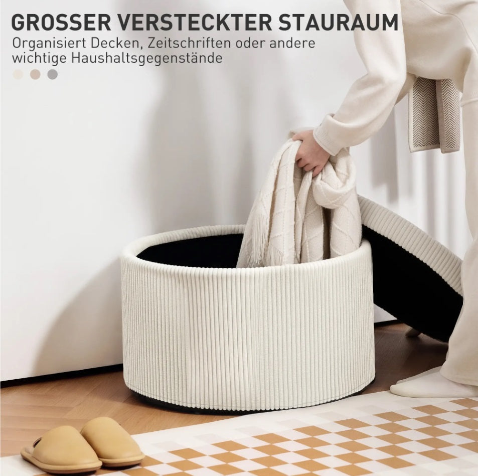 Großer Fußhocker Beige Cordstoff – Runder Sitzhocker mit 97 L Stauraum