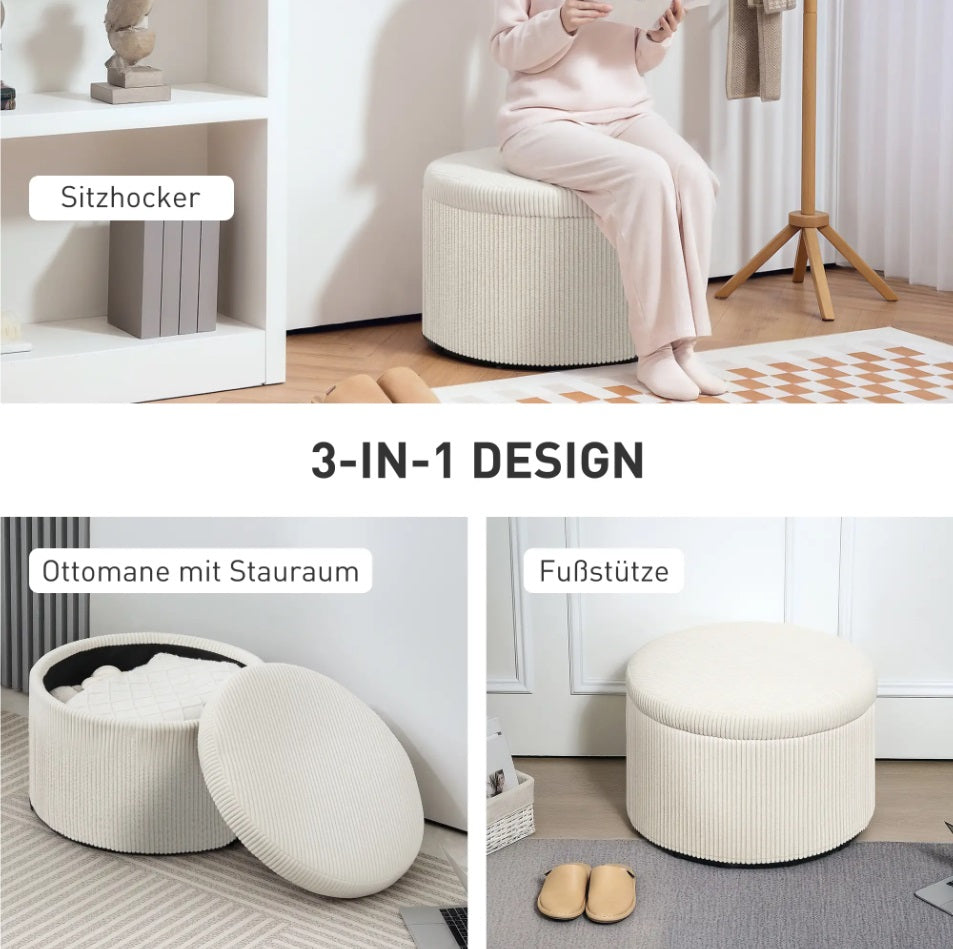 Großer Fußhocker Beige Cordstoff – Runder Sitzhocker mit 97 L Stauraum