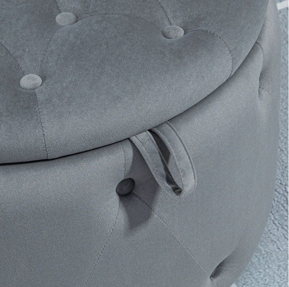 Großer Runder Hocker mit Staufach (Ø60 cm) – Ottomane in Grau Samtoptik mit Knopf-Steppdesign