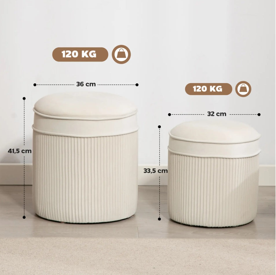 2er Set Sitzhocker mit Stauraum Cremeweiß – Verschachtelbare Ottomane im Plissee-Design