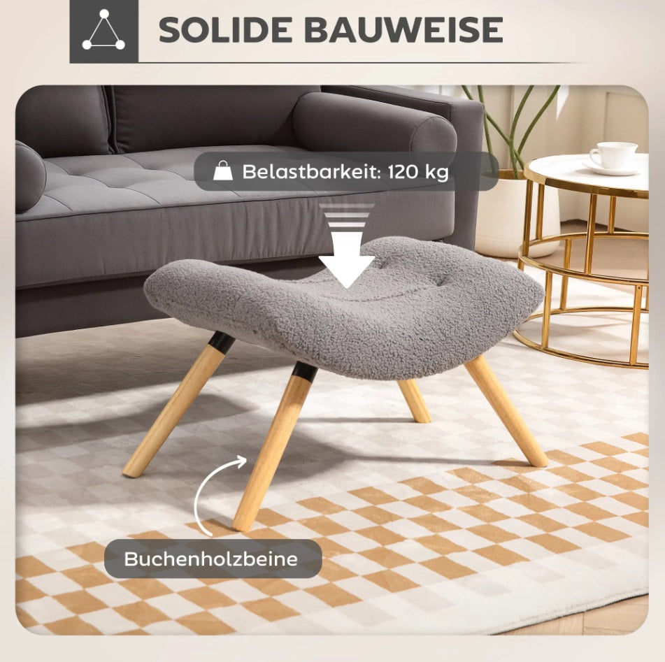 Moderner Fußhocker Hellgrau (67 cm) – Geschwungener Sitzhocker mit Fleece-Bezug und Buchenholzbeinen