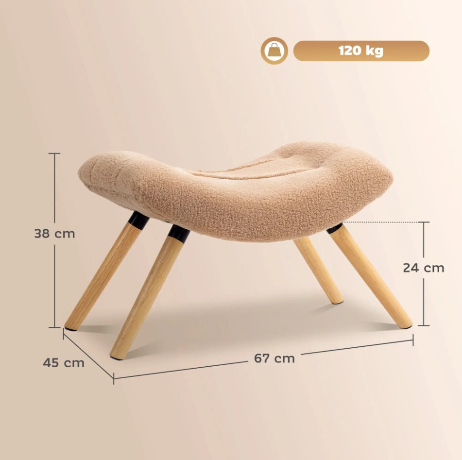 Moderner Fußhocker Braun (67 cm) – Geschwungener Sitzhocker mit Fleece-Bezug und Buchenholzbeinen