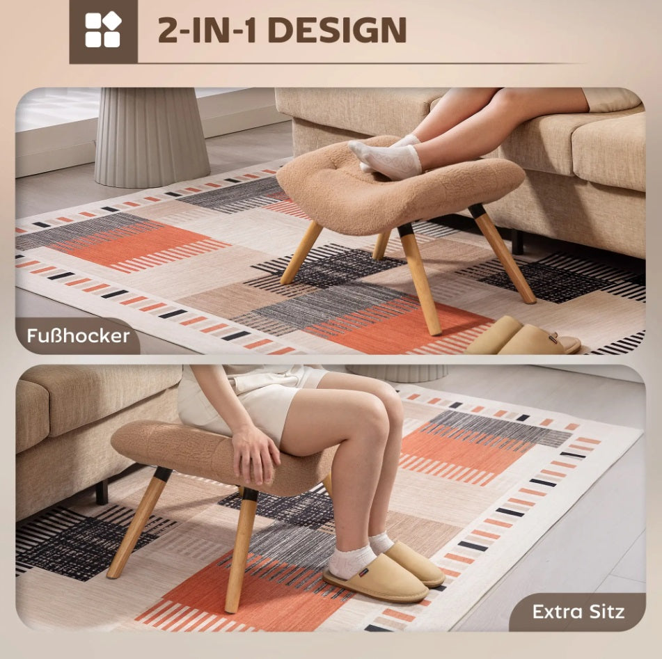 Moderner Fußhocker Braun (67 cm) – Geschwungener Sitzhocker mit Fleece-Bezug und Buchenholzbeinen