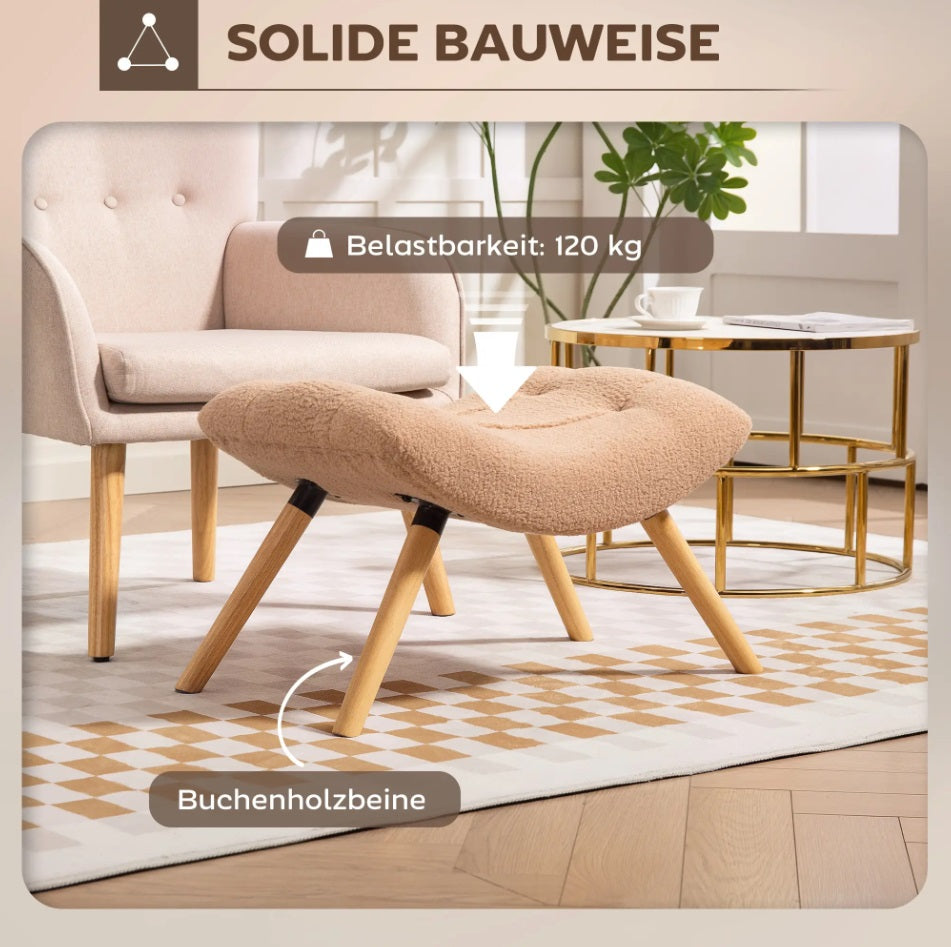 Moderner Fußhocker Braun (67 cm) – Geschwungener Sitzhocker mit Fleece-Bezug und Buchenholzbeinen