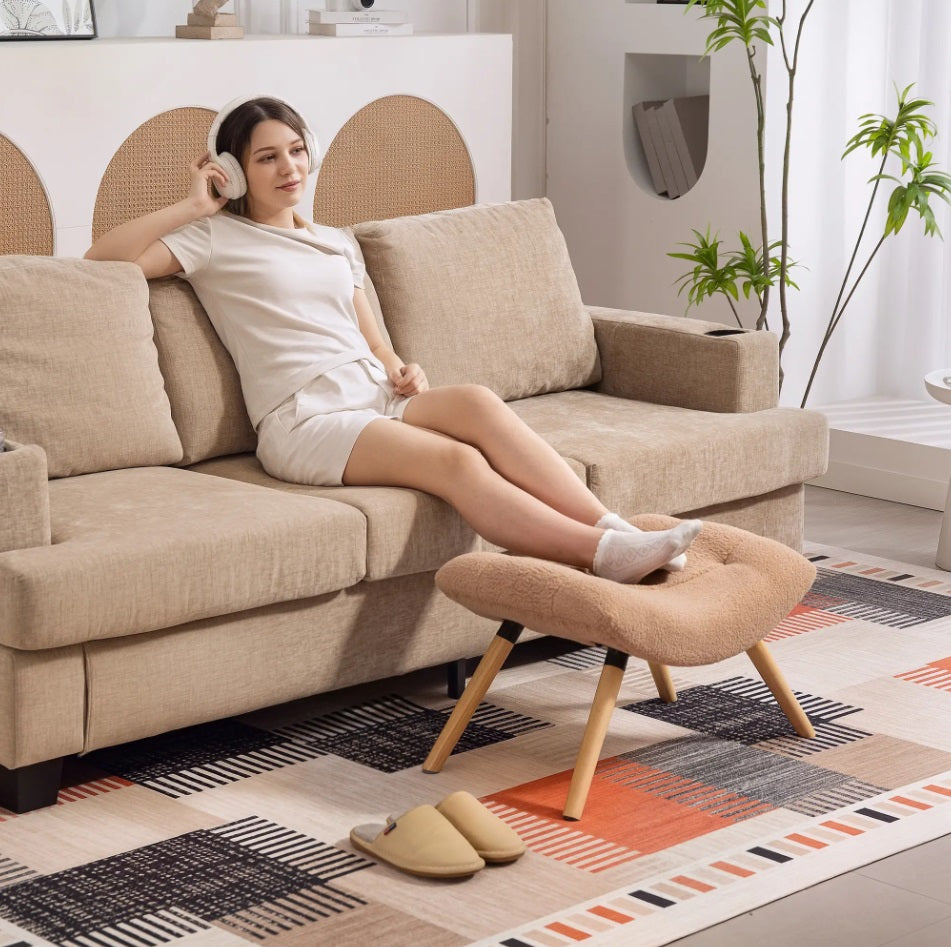 Moderner Fußhocker Braun (67 cm) – Geschwungener Sitzhocker mit Fleece-Bezug und Buchenholzbeinen