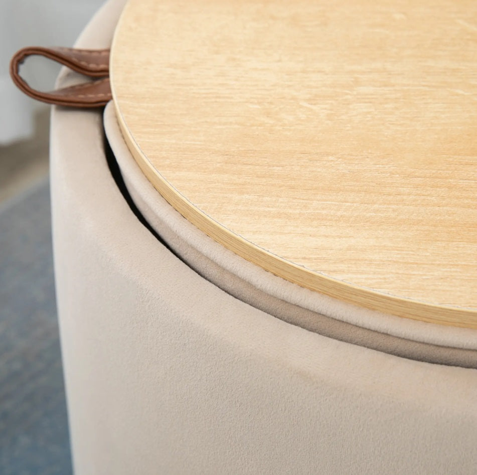 2-in-1 Hocker Beige Samtoptik – Runder Sitzhocker mit Stauraum und Tablett-Deckel