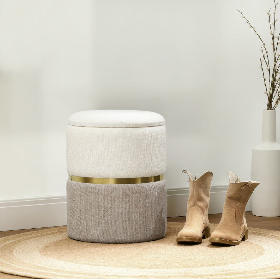 Sitzhocker Cremeweiß mit Stauraum (30,6 L) – Zweifarbige Chenille-Ottomane mit Metallring