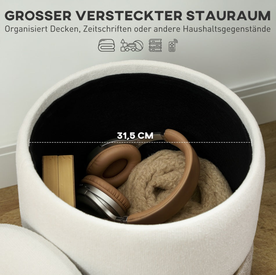 Sitzhocker Cremeweiß mit Stauraum (30,6 L) – Zweifarbige Chenille-Ottomane mit Metallring