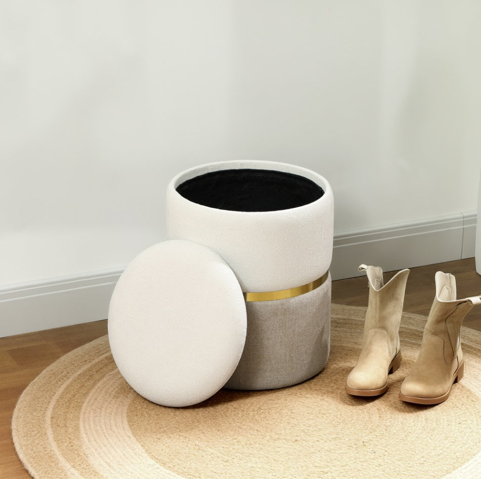 Sitzhocker Cremeweiß mit Stauraum (30,6 L) – Zweifarbige Chenille-Ottomane mit Metallring