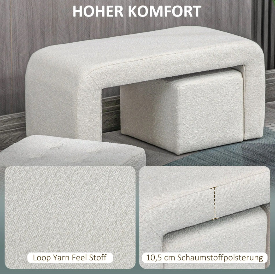 3-teiliges Fußhocker-Set Creme (89 cm) – Platzsparende Sitzbank mit 2 Hockern und Knopfheftung