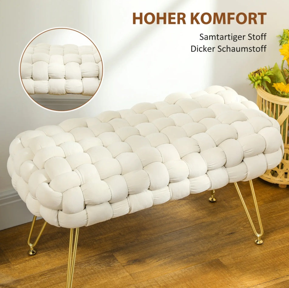Moderner Sitzhocker Cremeweiß (76 cm) – Polsterhocker in Kreuzgewebter Samtoptik mit Metallbeinen