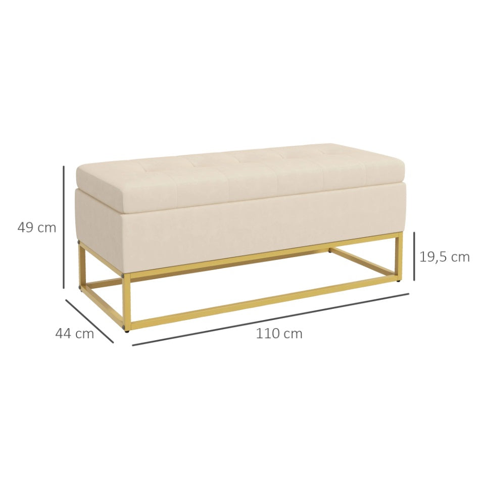 Sitzbank Beige mit Stauraum (110 cm) – Truhenbank in Flanelloptik mit Knopfheftung und Goldfüßen
