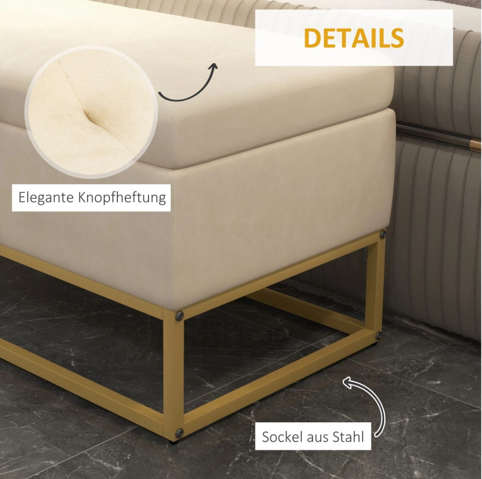 Sitzbank Beige mit Stauraum (110 cm) – Truhenbank in Flanelloptik mit Knopfheftung und Goldfüßen