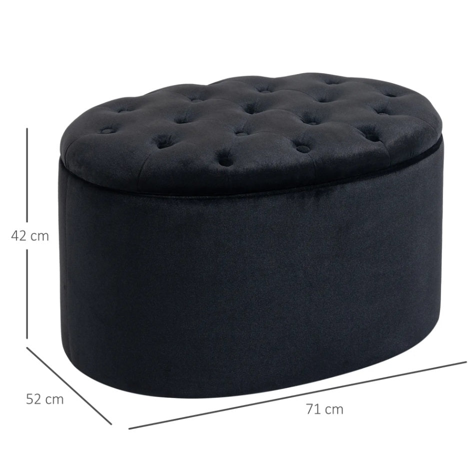 Ovale Sitzbank Schwarz mit Stauraum (71 cm) – Samtoptik Truhenbank mit Knopfleiste