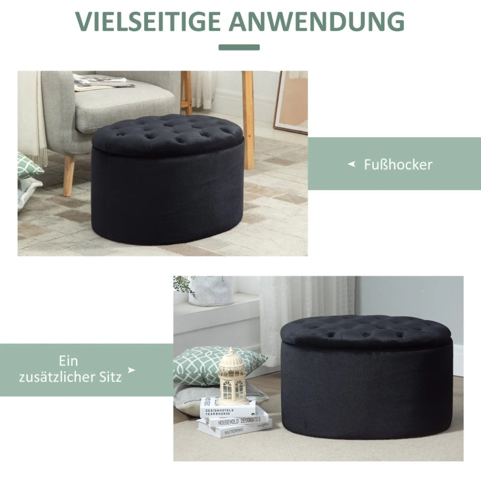 Ovale Sitzbank Schwarz mit Stauraum (71 cm) – Samtoptik Truhenbank mit Knopfleiste