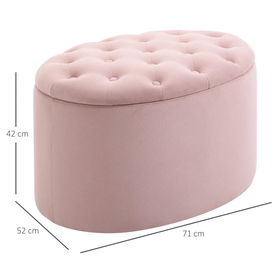 Ovale Sitzbank Rosa mit Stauraum (71 cm) – Samtoptik Truhenbank mit Knopfleiste