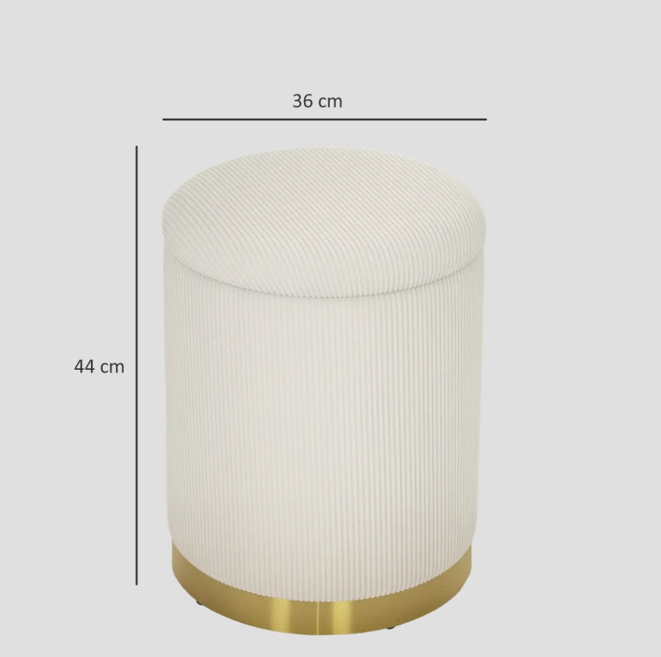 Runder Sitzhocker Cremeweiß mit Stauraum (30,6 L) – Cordstoff Ottomane mit Stahlboden (Ø36 cm)