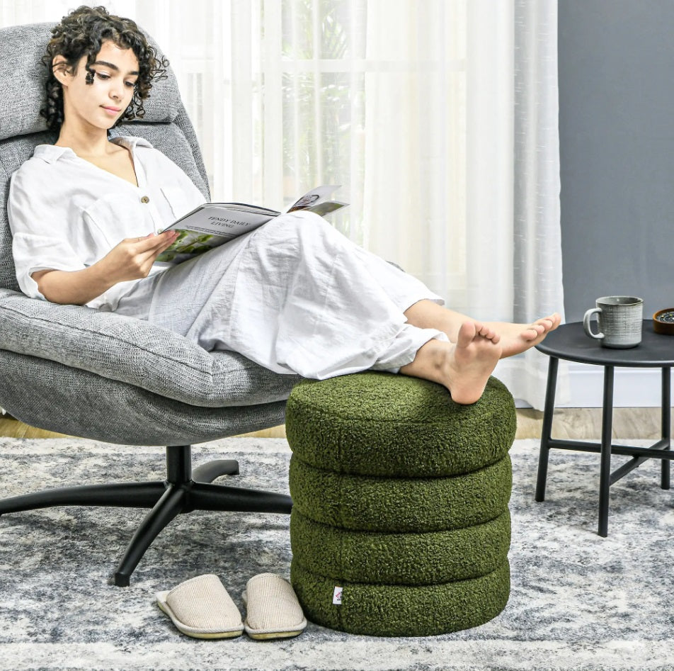 Runder Hocker Grün (Ø40 cm) – Teddyfleece Ottomane mit Holzbeinen und 120 kg Belastbarkeit