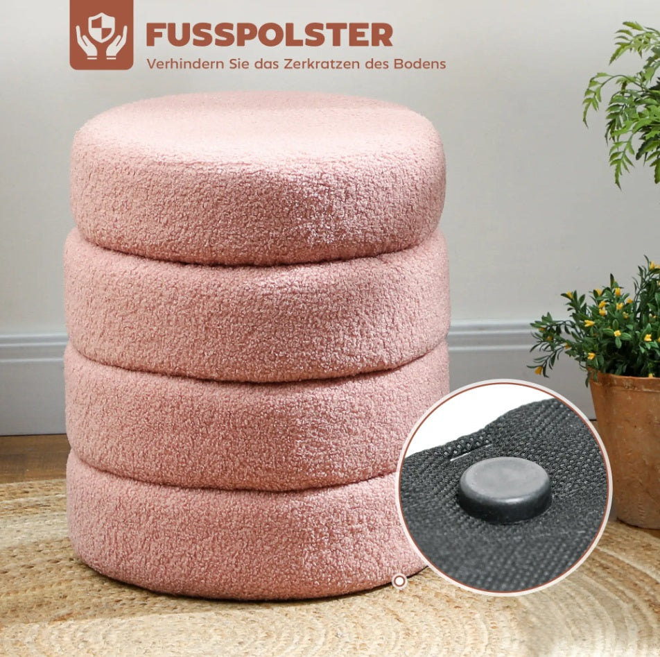 Runder Hocker Rosa (Ø40 cm) – Teddyfleece Ottomane mit Holzbeinen und 120 kg Belastbarkeit