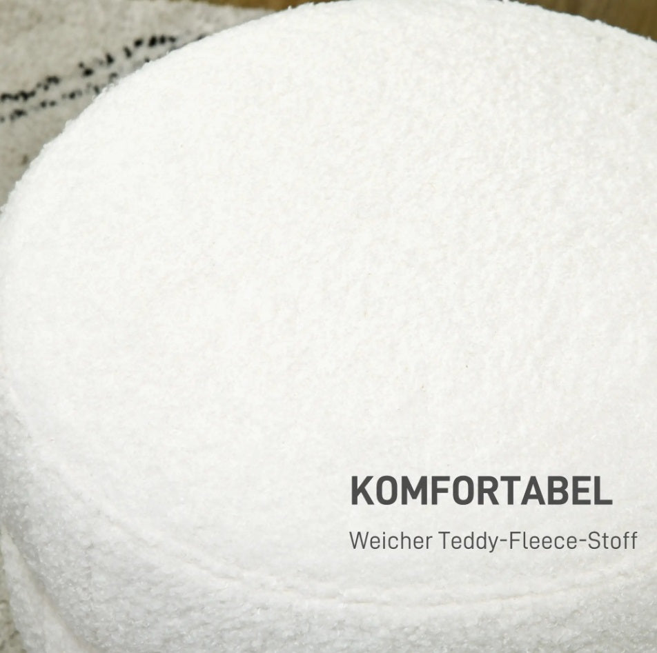 Runder Hocker Cremeweiß (Ø40 cm) – Teddyfleece Ottomane mit Holzbeinen und 120 kg Belastbarkeit