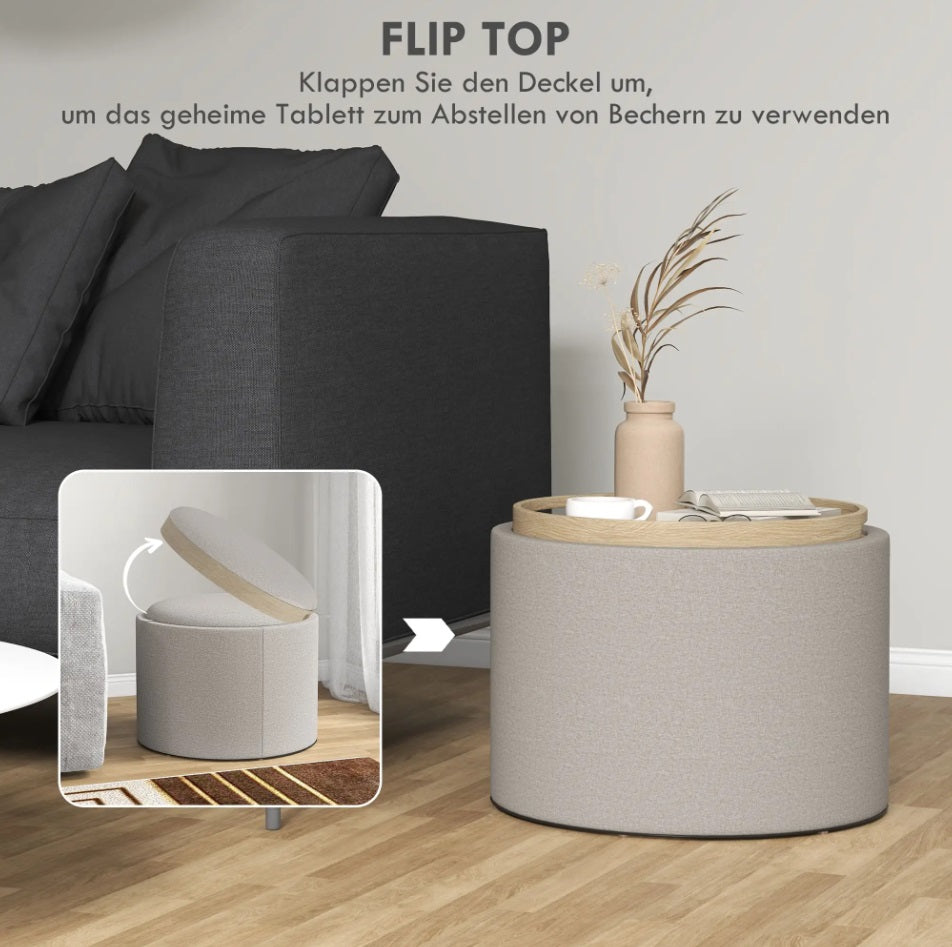 Hocker Hellgrau (56x56 cm) mit Stauraum – Leinenoptik Ottomane mit umkehrbarem Tablett-Deckel