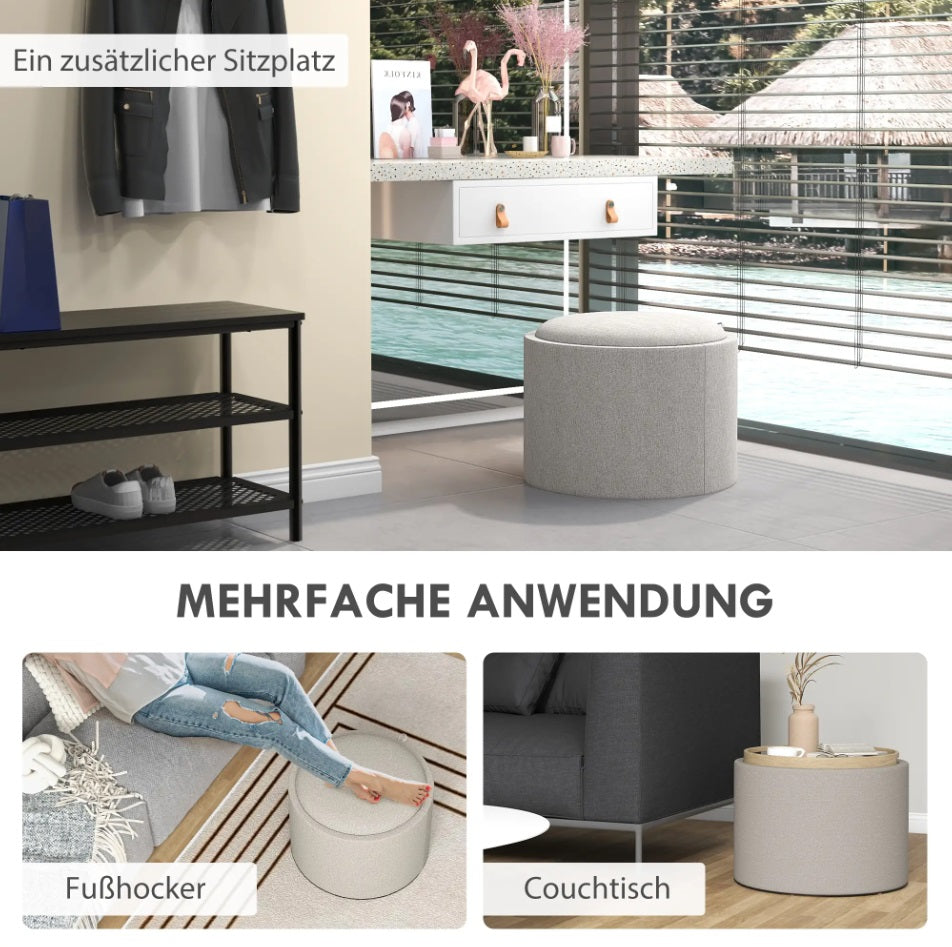 Hocker Hellgrau (56x56 cm) mit Stauraum – Leinenoptik Ottomane mit umkehrbarem Tablett-Deckel