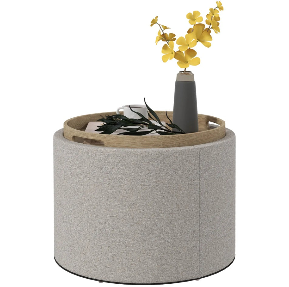 Hocker Hellgrau (56x56 cm) mit Stauraum – Leinenoptik Ottomane mit umkehrbarem Tablett-Deckel