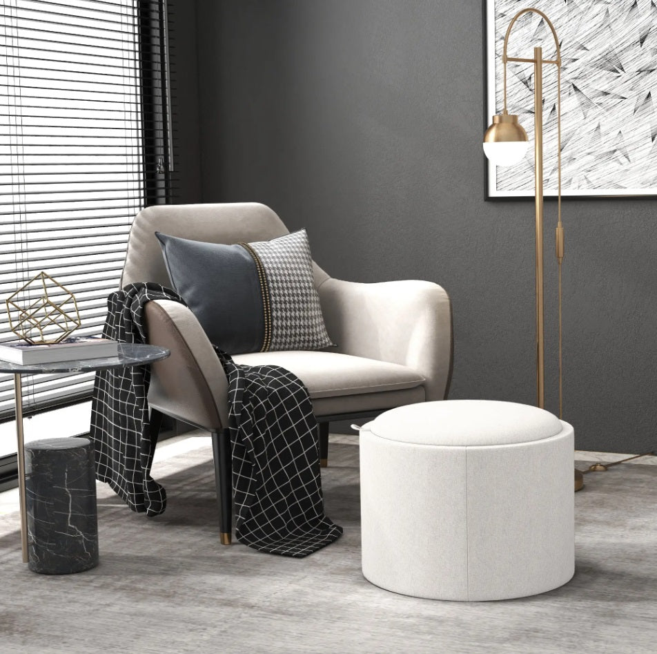 Hocker Cremeweiß (56x56 cm) mit Stauraum – Leinenoptik Ottomane mit umkehrbarem Tablett-Deckel