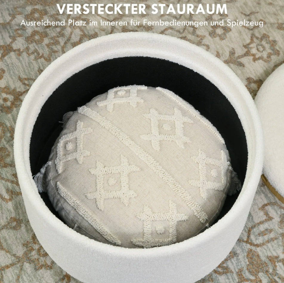Hocker Weiß (56x56 cm) mit Stauraum – Teddyfleece Ottomane mit umkehrbarem Tablett-Deckel