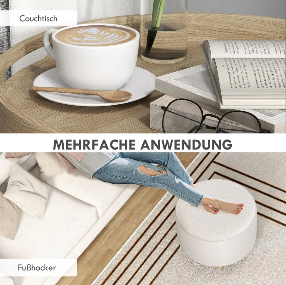 Hocker Weiß (56x56 cm) mit Stauraum – Teddyfleece Ottomane mit umkehrbarem Tablett-Deckel