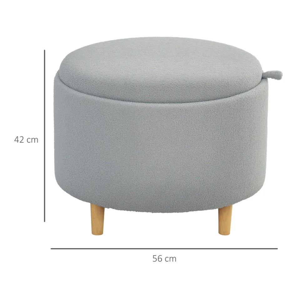 Hocker Grau (56x56 cm) mit Stauraum – Teddyfleece Ottomane mit umkehrbarem Tablett-Deckel