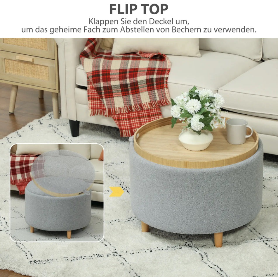 Hocker Grau (56x56 cm) mit Stauraum – Teddyfleece Ottomane mit umkehrbarem Tablett-Deckel