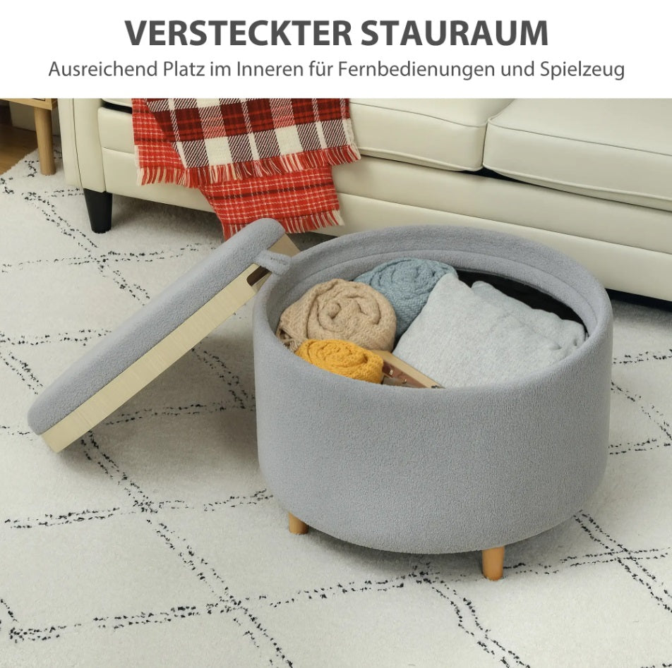 Hocker Grau (56x56 cm) mit Stauraum – Teddyfleece Ottomane mit umkehrbarem Tablett-Deckel
