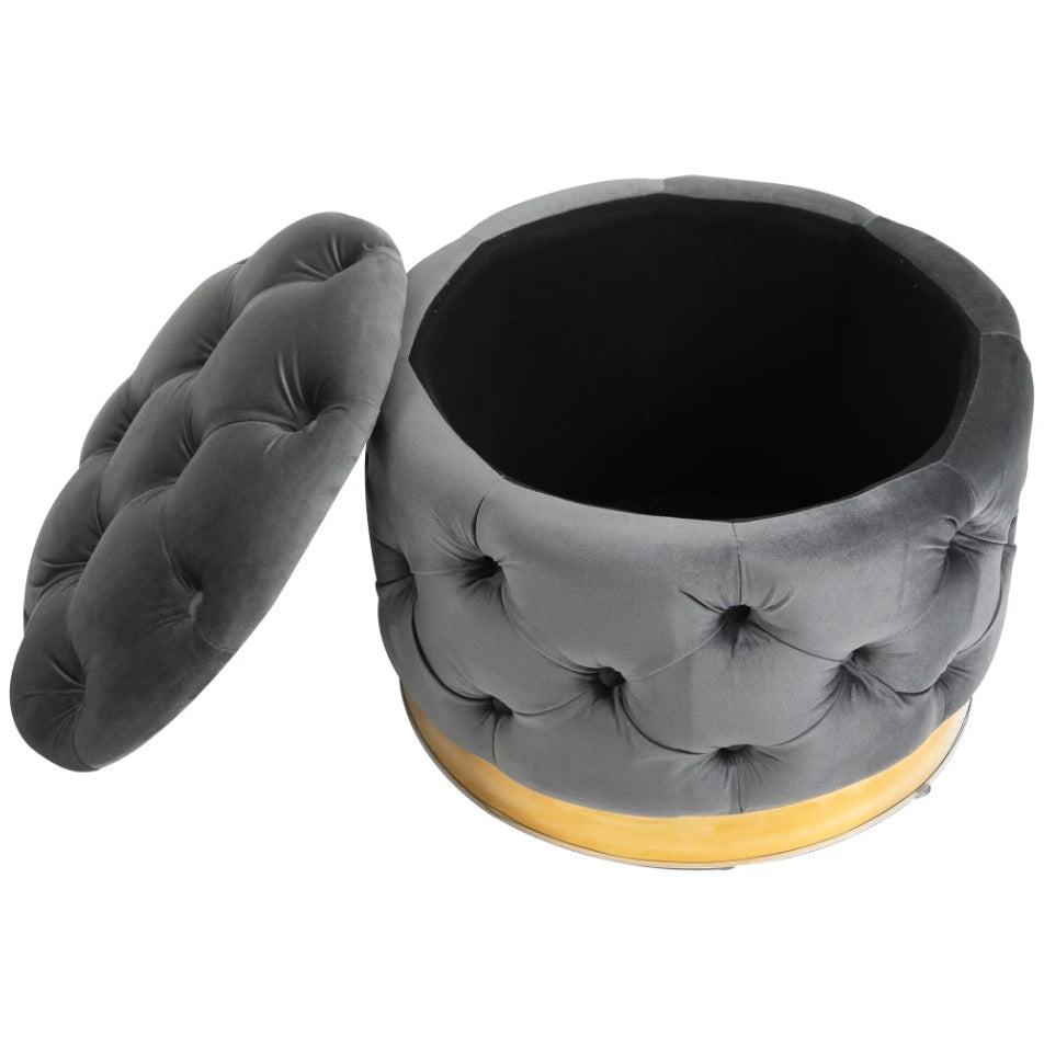 Vintage Hocker Kohlegrau (55x55 cm) mit Stauraum – Samt-Optik Ottomane mit Knopfheftung und Metallbasis