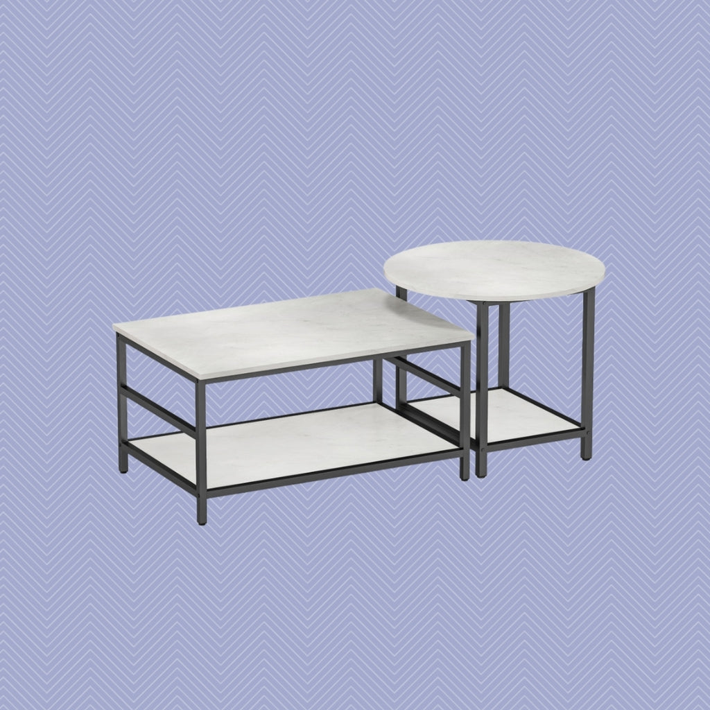 Couchtisch 2er-Set Schwarz/Weiß – Runder & Rechteckiger Beistelltisch in Marmor-Optik mit Ablage